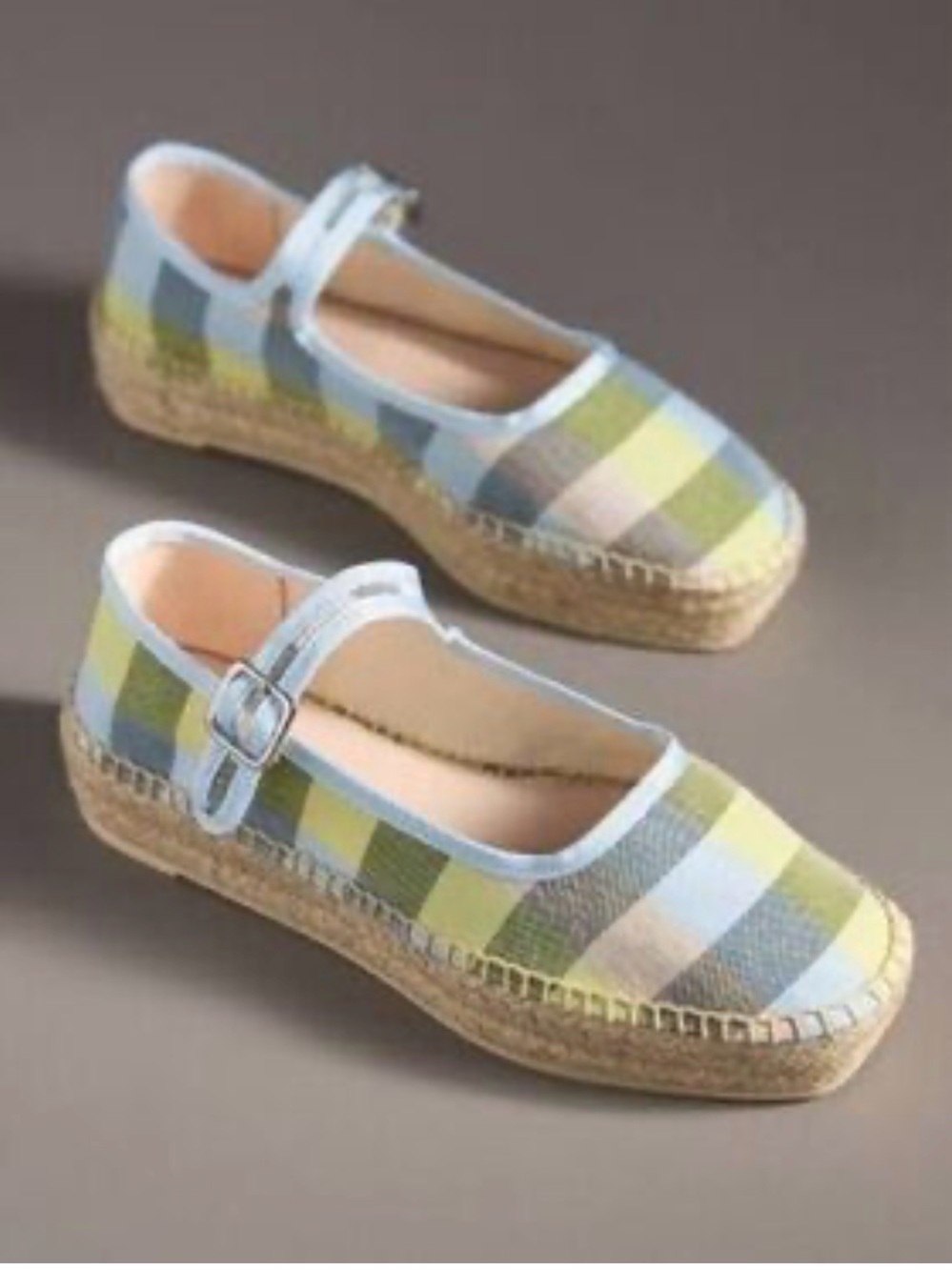 NEW Anthropologie Maeve Mary Jane Espadrille Flats in Blue/Lime Gingham Size 36